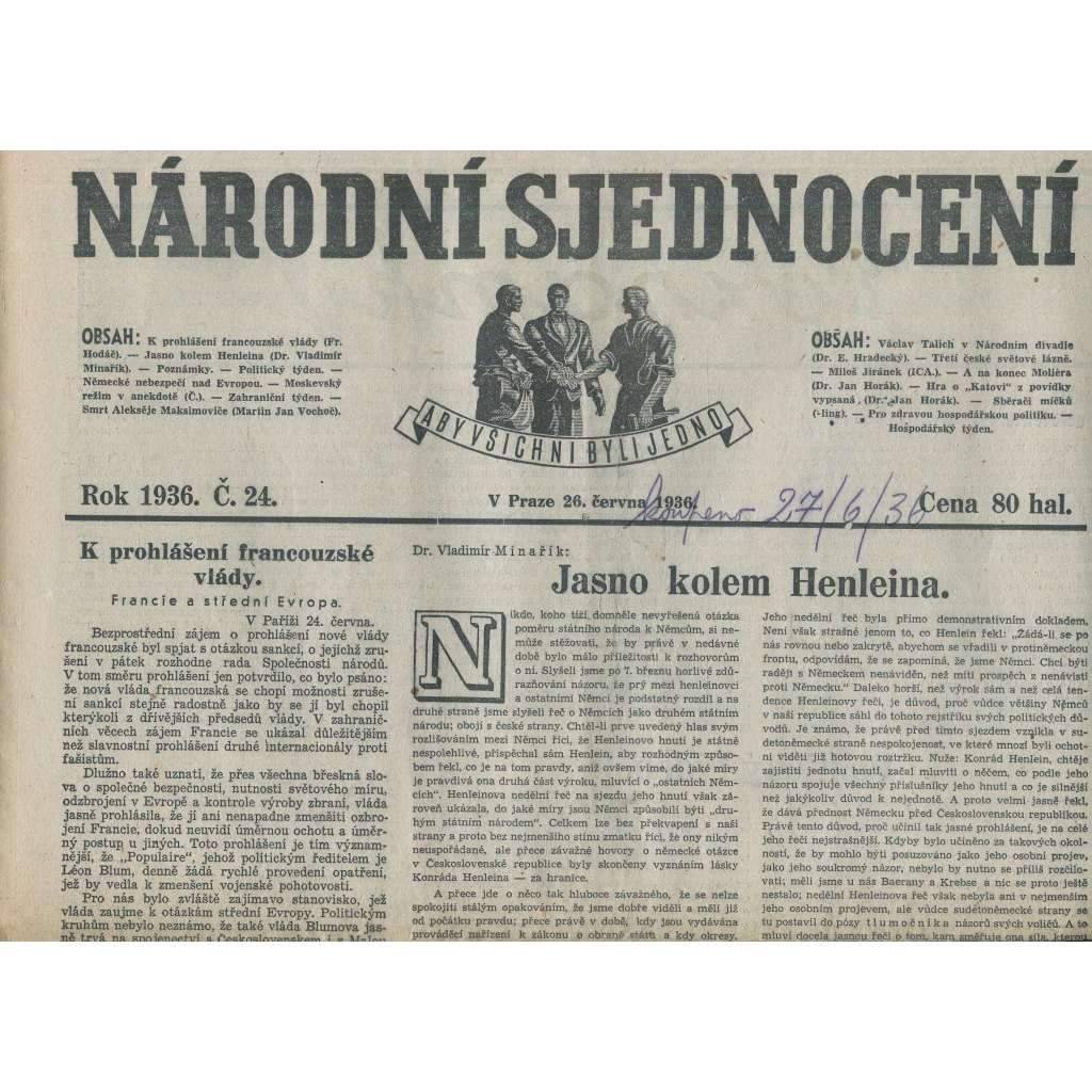 Národní sjednocení, číslo 24/1936 (noviny 1. republika)