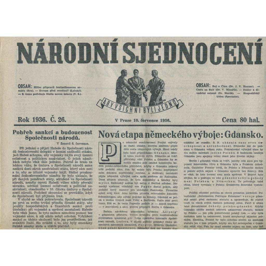 Národní sjednocení, číslo 26/1936 (noviny 1. republika)