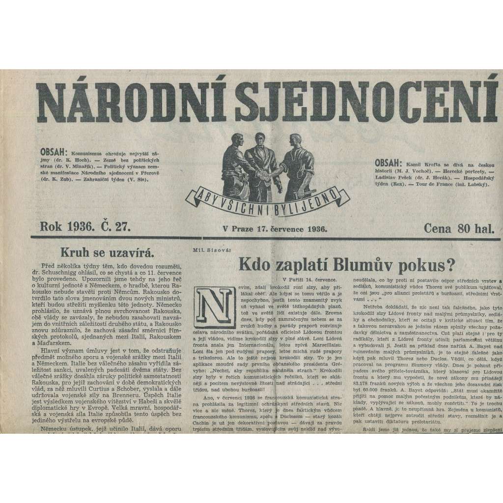 Národní sjednocení, číslo 27/1936 (noviny 1. republika)