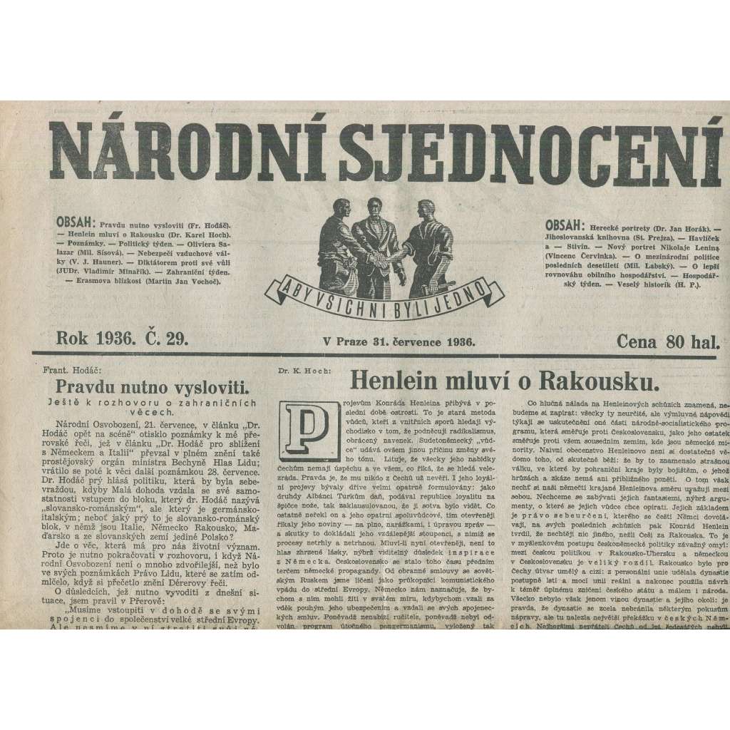 Národní sjednocení, číslo 29/1936 (noviny 1. republika)