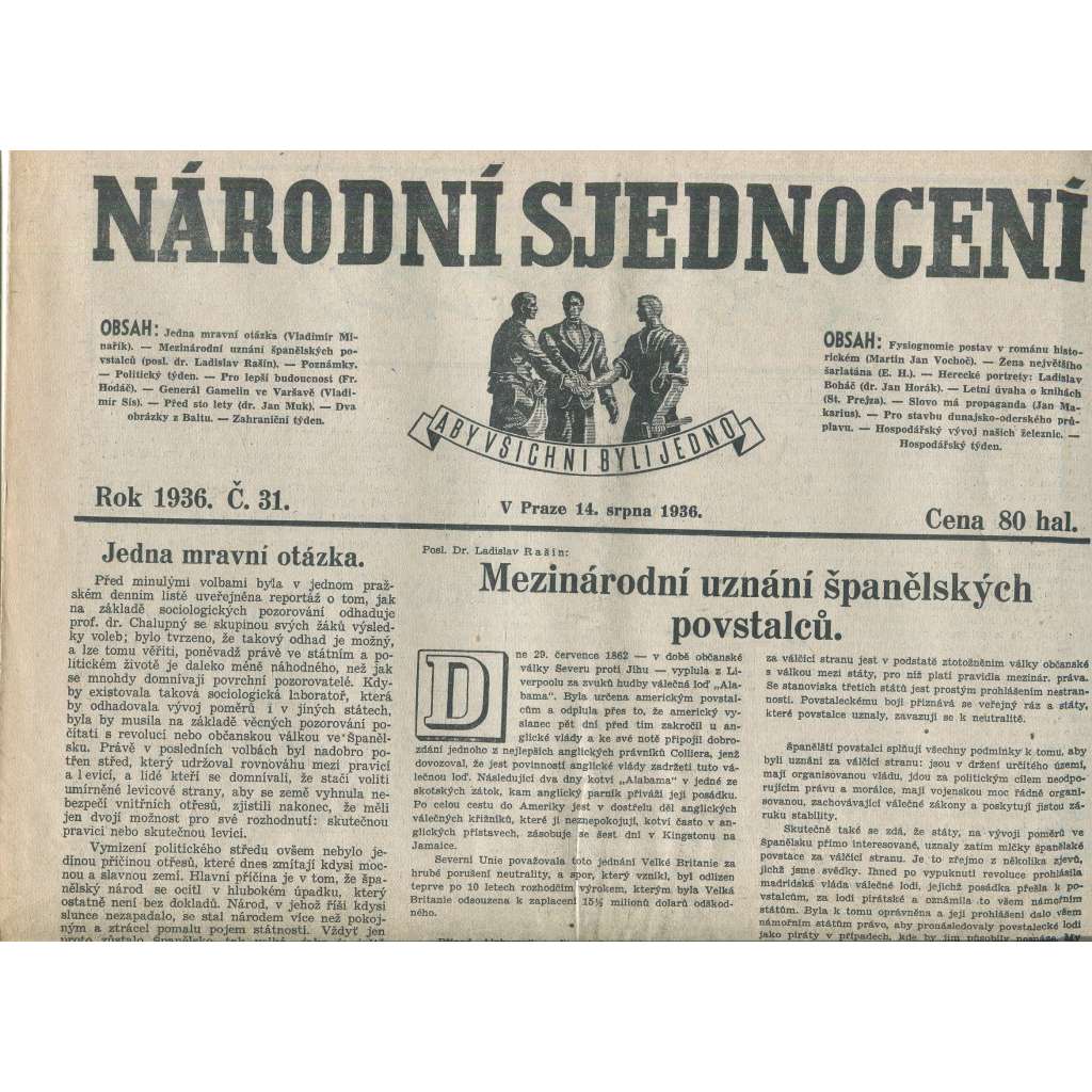 Národní sjednocení, číslo 31/1936 (noviny 1. republika)