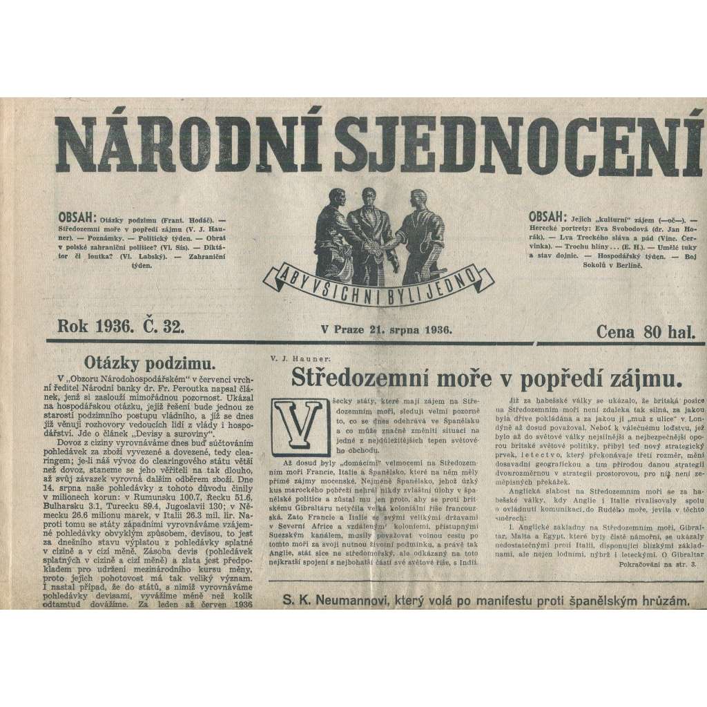 Národní sjednocení, číslo 32/1936 (noviny 1. republika)