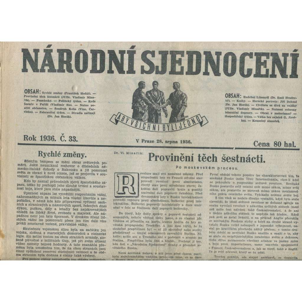Národní sjednocení, číslo 33/1936 (noviny 1. republika)