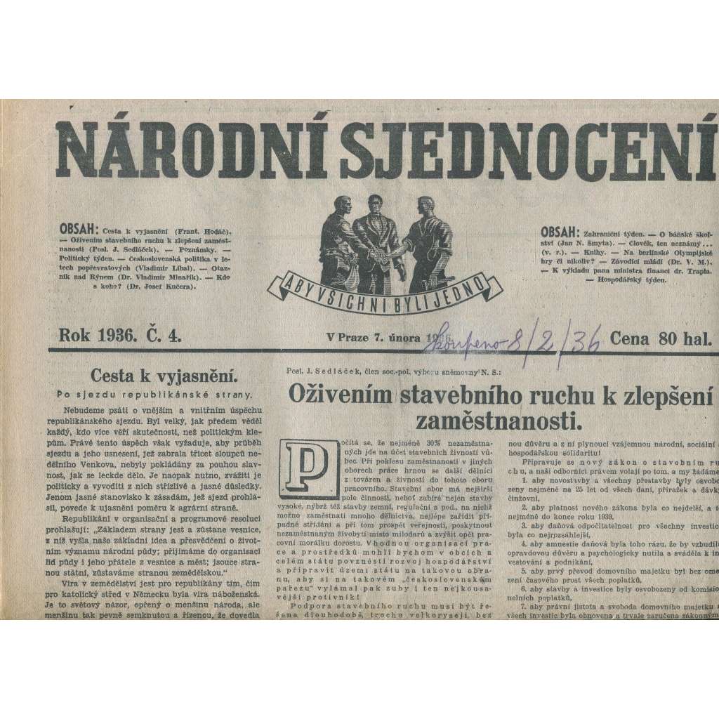 Národní sjednocení, číslo 4/1936 (noviny 1. republika)