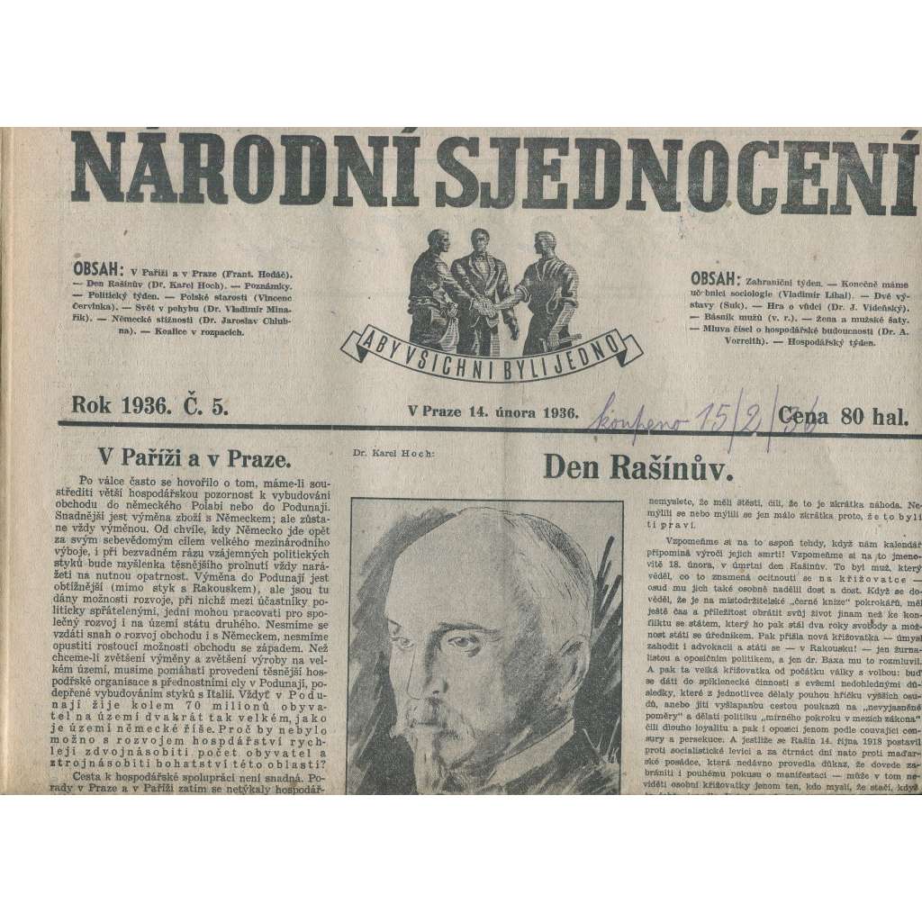 Národní sjednocení, číslo 5/1936 (noviny 1. republika)