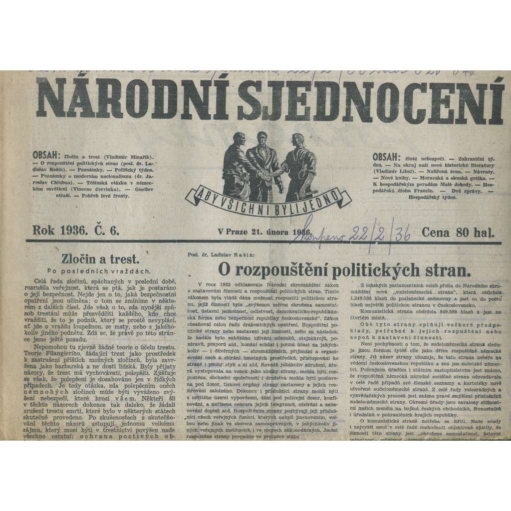 Národní sjednocení, číslo 6/1936 (noviny 1. republika)
