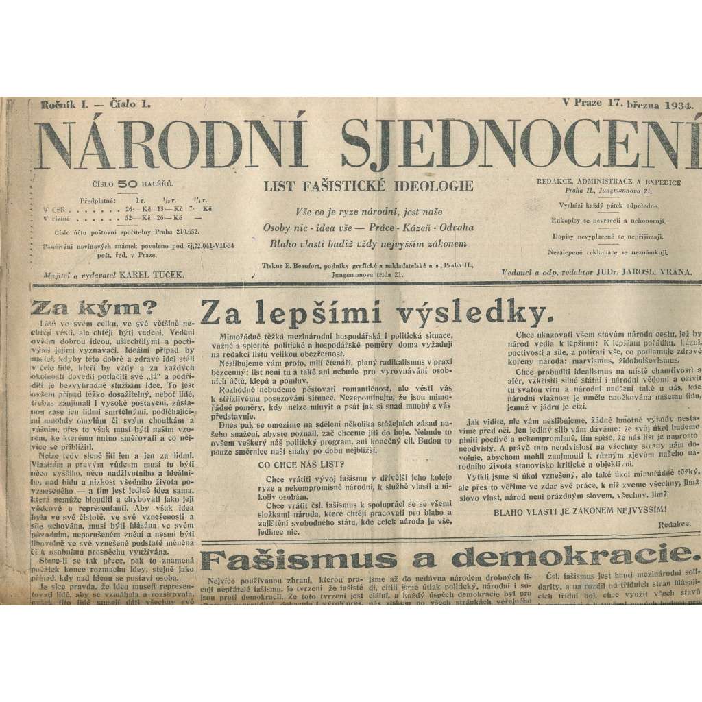 Národní sjednocení, ročník I., číslo 1/1934 (noviny 1. republika)