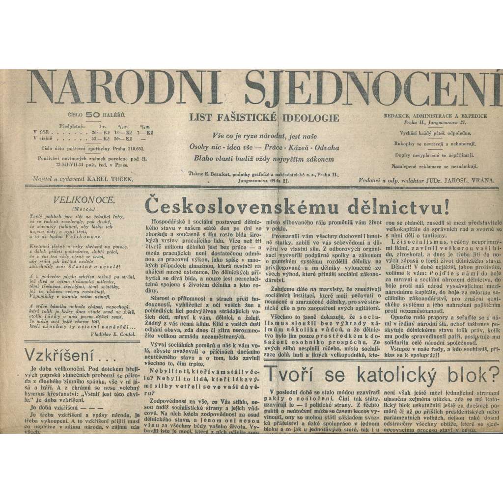 Národní sjednocení, ročník I., číslo 3/1934 (noviny 1. republika)