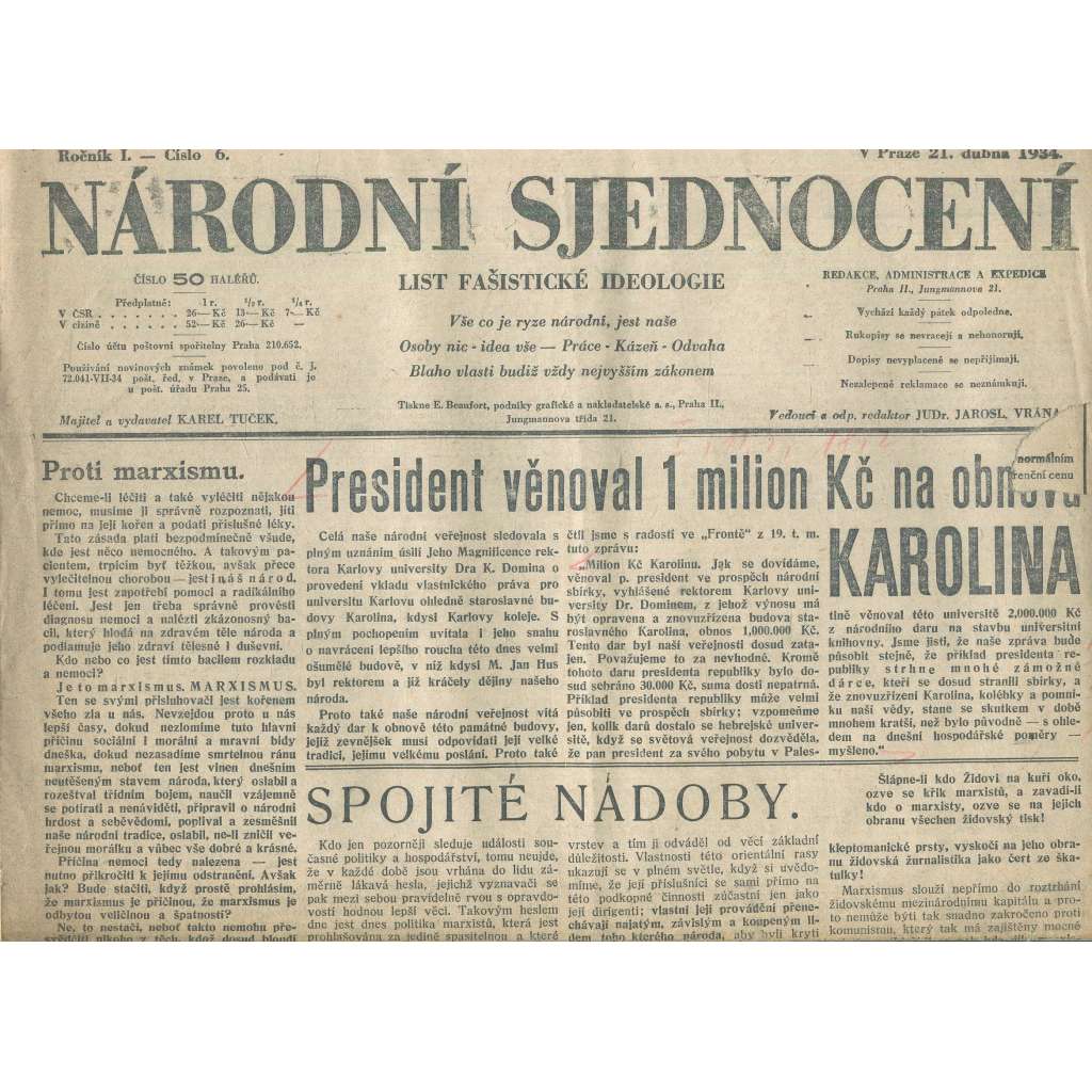 Národní sjednocení, ročník I., číslo 6/1934 (noviny 1. republika)
