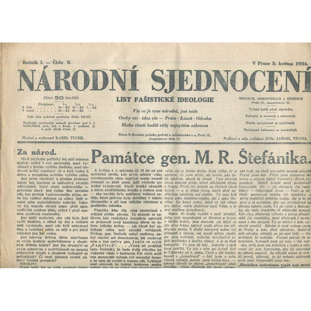 Národní sjednocení, ročník I., číslo 8/1934 (noviny 1. republika)