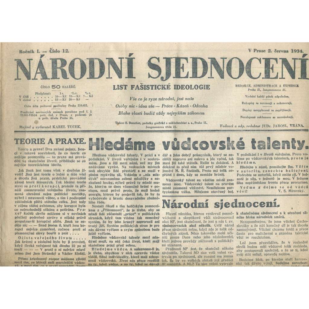 Národní sjednocení, ročník I., číslo 12/1934 (noviny 1. republika)