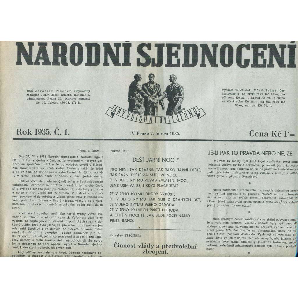 Národní sjednocení, číslo 1/1935 (noviny 1. republika)