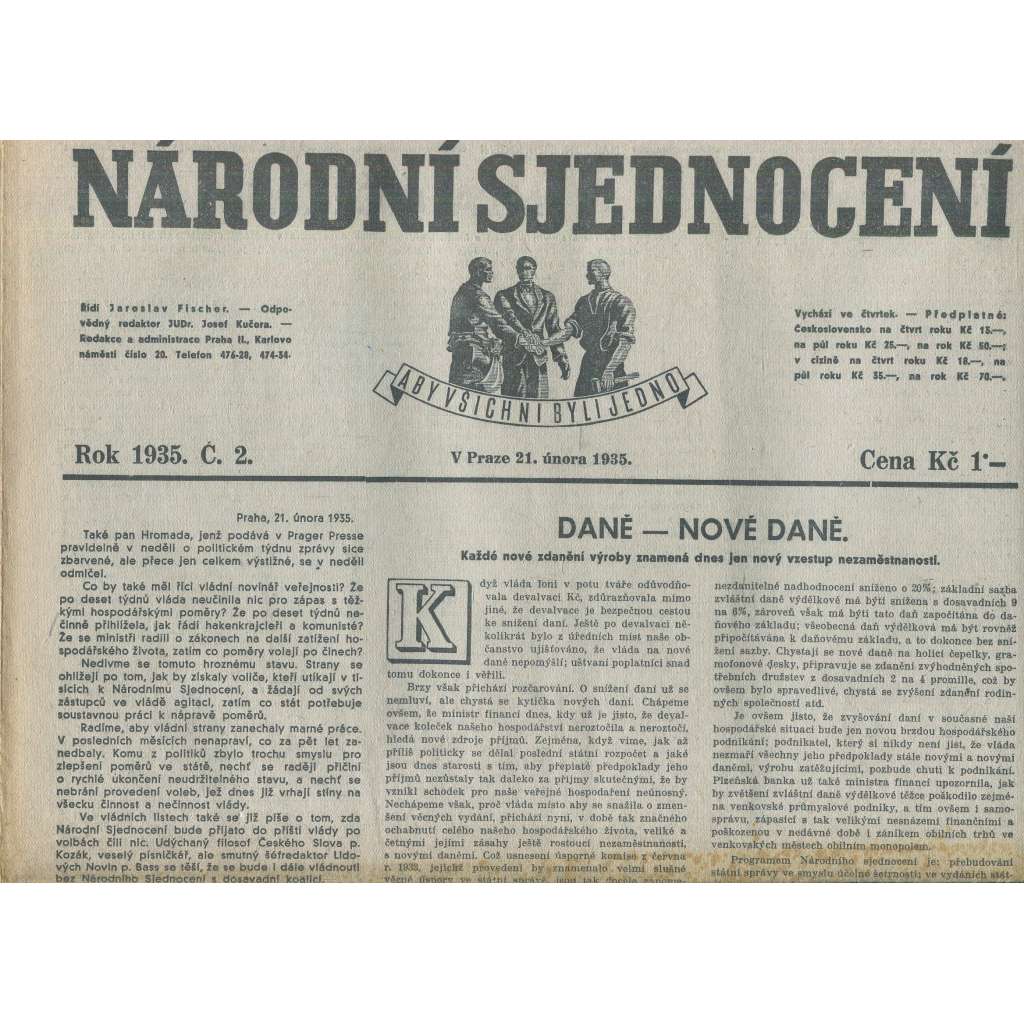 Národní sjednocení, číslo 2/1935 (noviny 1. republika)