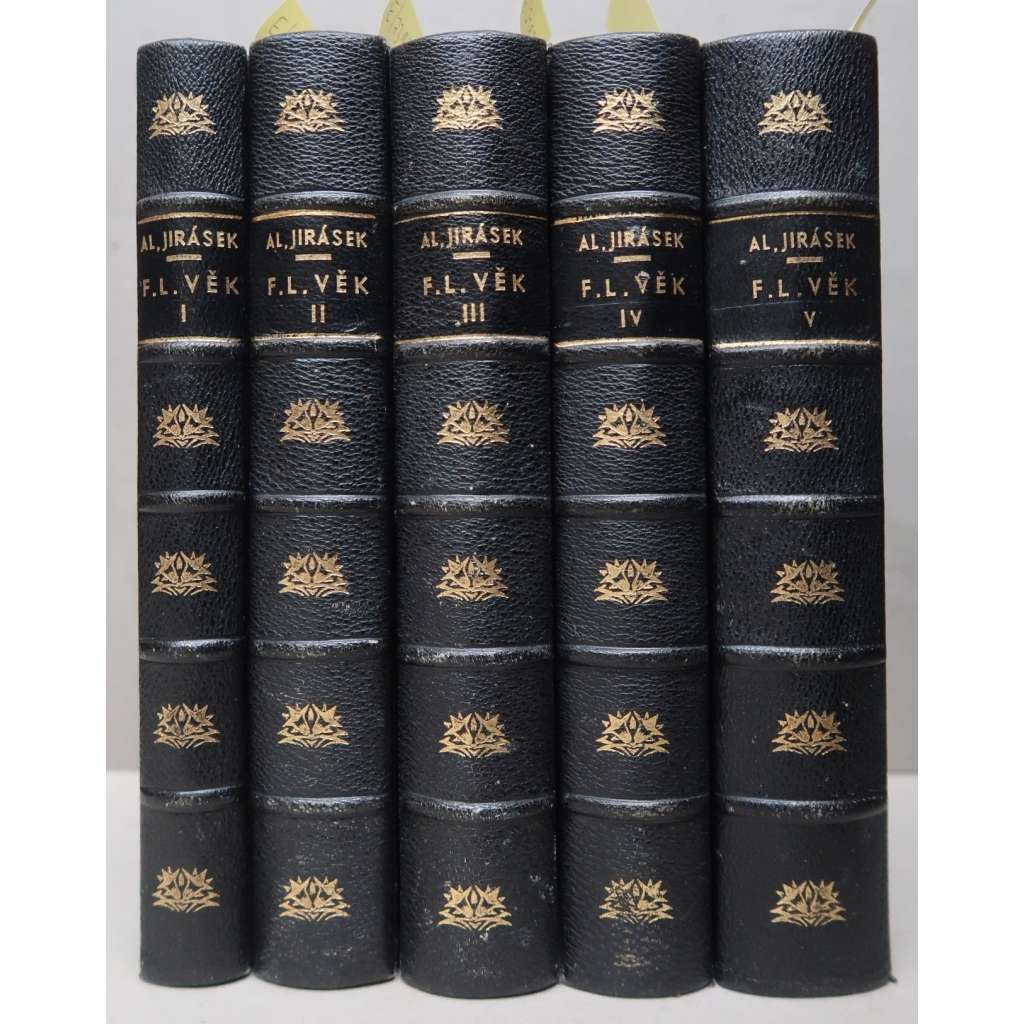 F. L. Věk  - KOMPLET 5 svazků - VAZBA z KŮŽE - Jirásek [Obraz dob našeho národního probuzení - historický román, národní obrození; polokožená vazba]