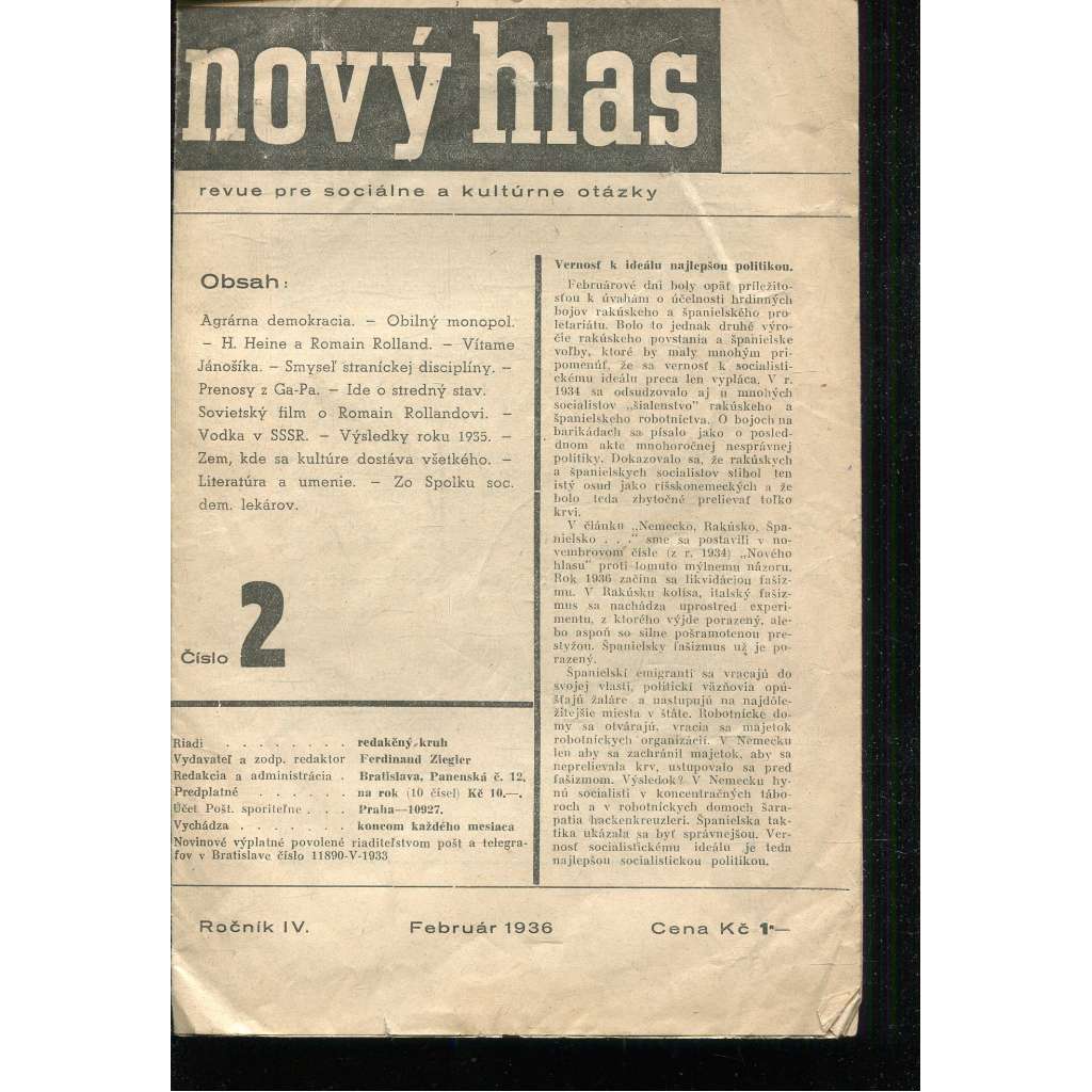 Nový hlas, ročník IV., číslo 2/1936. Revue pre sociálne a kultúrne otázky (text slovensky) Nový hlas, ročník IV., číslo 2/1936. Revue pre sociálne a kultúrne otázky (text slovensky)