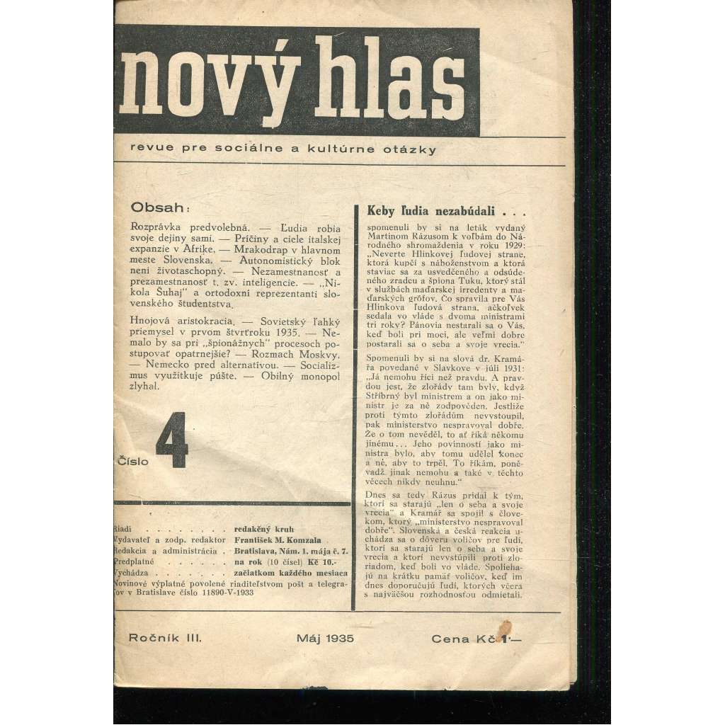 Nový hlas, ročník III., číslo 4/1935. Revue pre sociálne a kultúrne otázky (text slovensky) Nový hlas, ročník III., číslo 4/1935. Revue pre sociálne a kultúrne otázky (text slovensky)