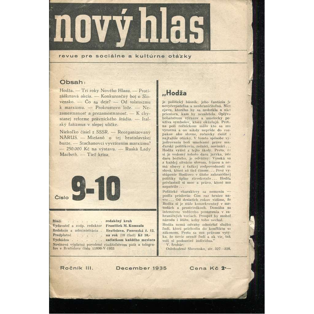 Nový hlas, ročník III., číslo 9-10/1935. Revue pre sociálne a kultúrne otázky (text slovensky) Nový hlas, ročník III., číslo 9-10/1935. Revue pre sociálne a kultúrne otázky (text slovensky)