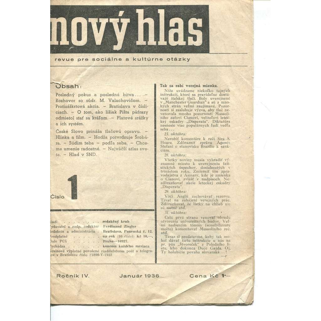 Nový hlas, ročník IV., číslo 1/1936. Revue pre sociálne a kultúrne otázky (text slovensky) Nový hlas, ročník IV., číslo 1/1936. Revue pre sociálne a kultúrne otázky (text slovensky)