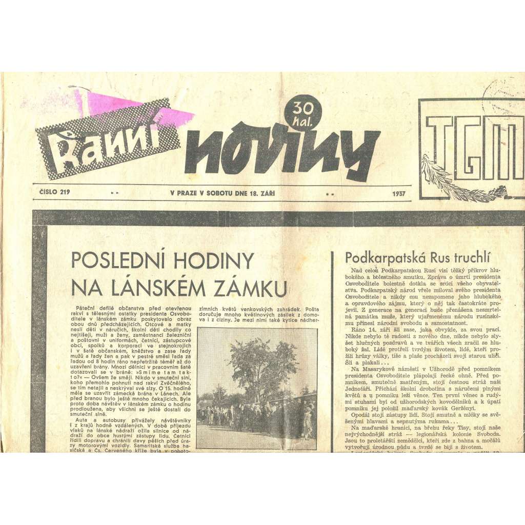 Ranní noviny, 1937 (smrt T. G. Masaryk, prezident)