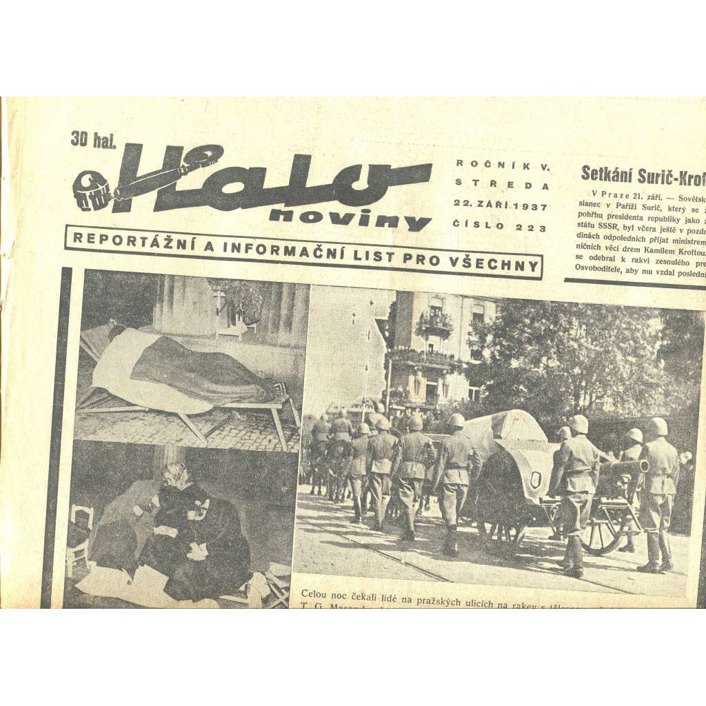 Halo noviny, 1937 (smrt T. G. Masaryk, prezident)