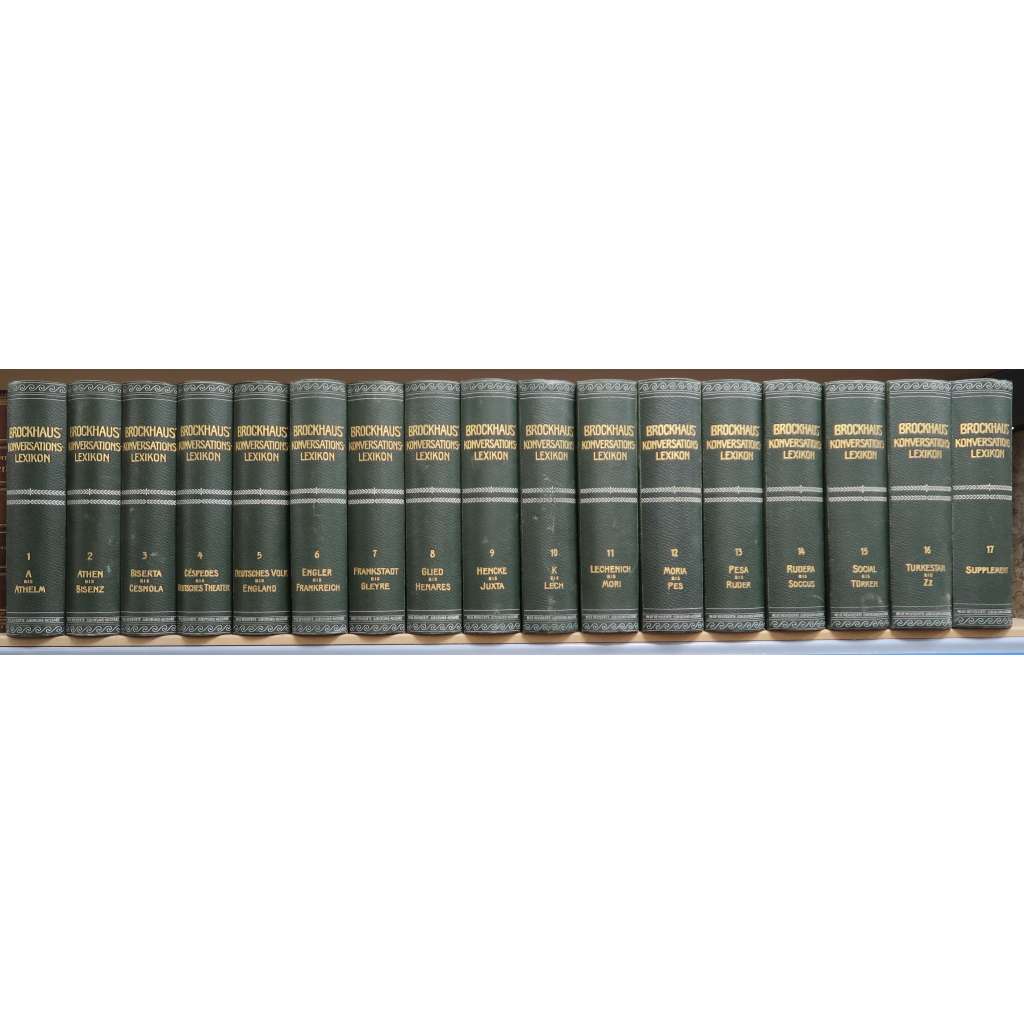 ENCYKLOPEDIE BROCKHAUS - 17 SVAZKŮ KOMPLET - VAZBY - Brockhaus Conversations-Lexikon (obsahuje barevné chromolitografie - ilustrace)