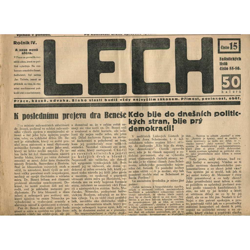 Lech, ročník IV., číslo 15/1932 (noviny, 1. republika) Lech, ročník IV., číslo 15/1932 (noviny, 1. republika)