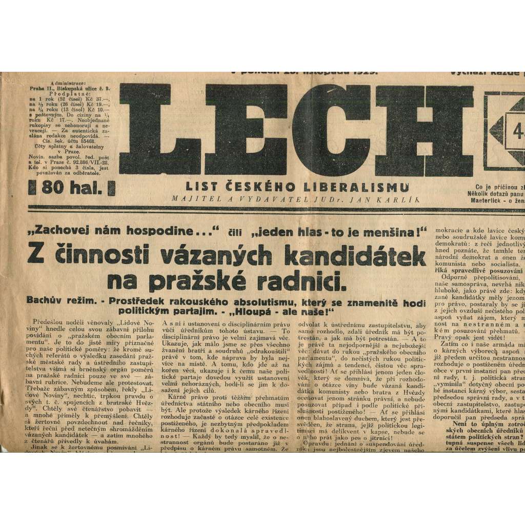 Lech, ročník III., číslo 43/1929. List českého liberalismu (noviny, 1. republika) Lech, ročník III., číslo 43/1929. List českého liberalismu (noviny, 1. republika)