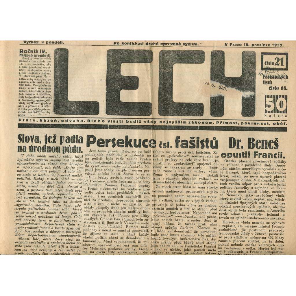 Lech, ročník IV., číslo 21/1932 (noviny, 1. republika) Lech, ročník IV., číslo 21/1932 (noviny, 1. republika)