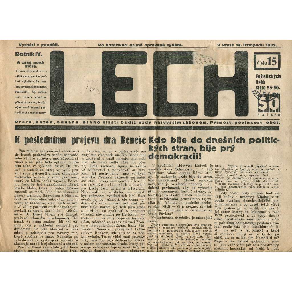 Lech, ročník IV., číslo 15/1932 (noviny, 1. republika) Lech, ročník IV., číslo 15/1932 (noviny, 1. republika)