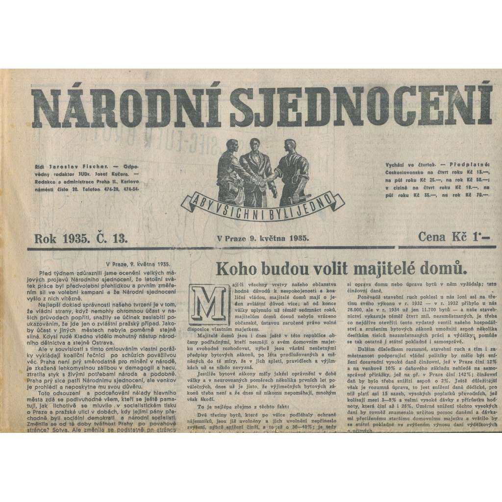 Národní sjednocení, číslo 13/1935 (noviny 1. republika)