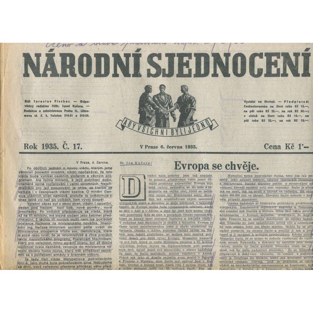 Národní sjednocení, číslo 17/1935 (noviny 1. republika)