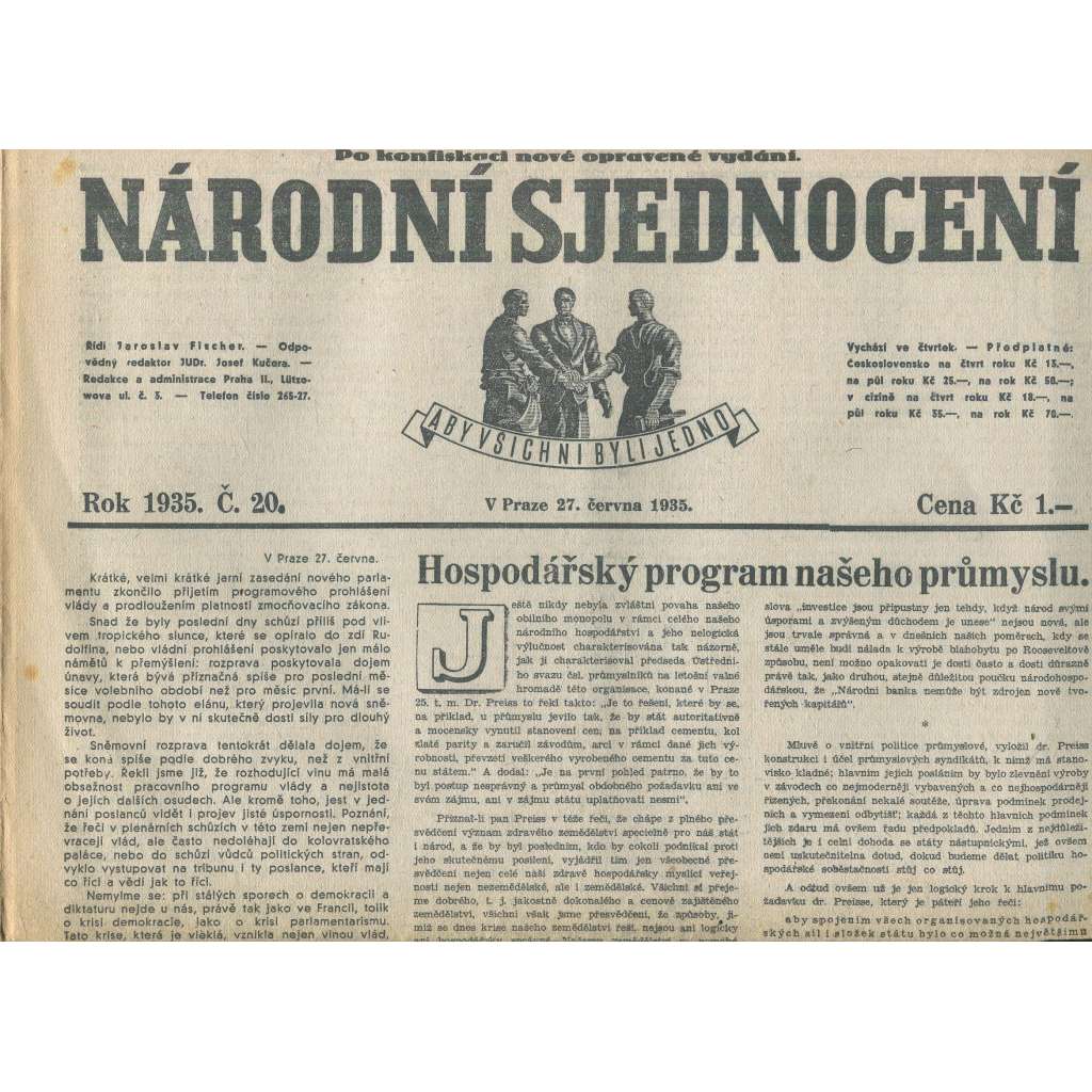 Národní sjednocení, číslo 20/1935 (noviny 1. republika)