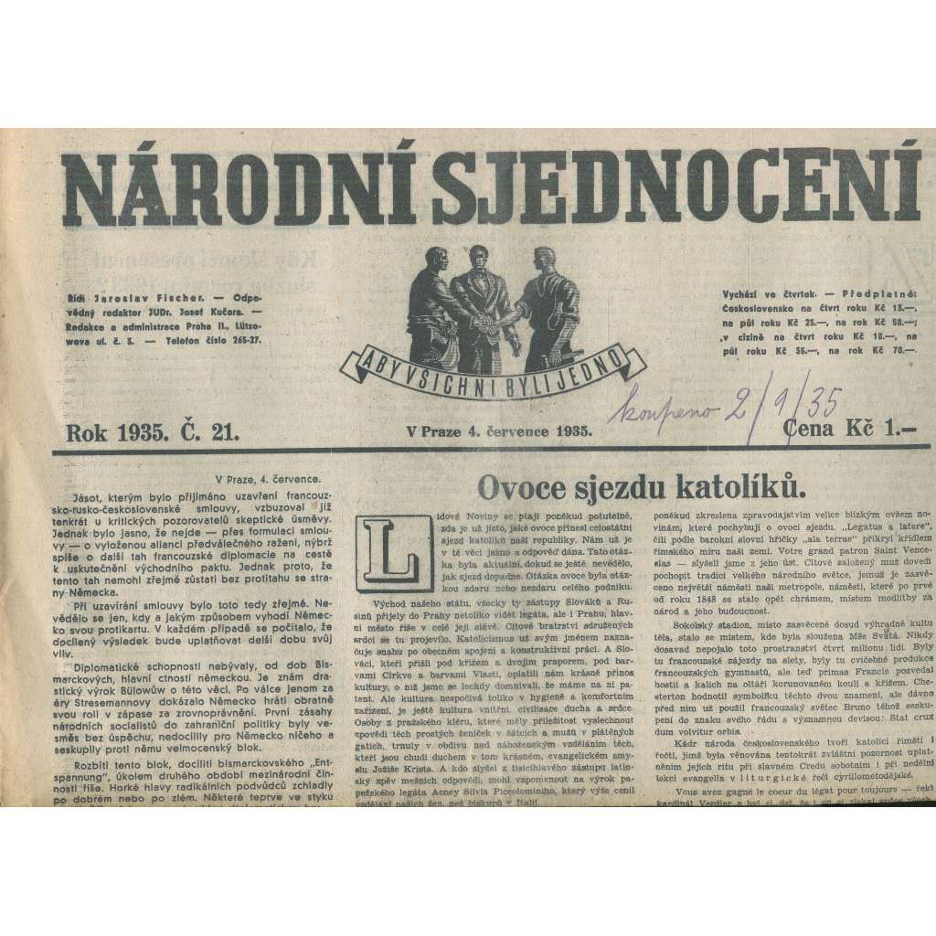 Národní sjednocení, číslo 21/1935 (noviny 1. republika)