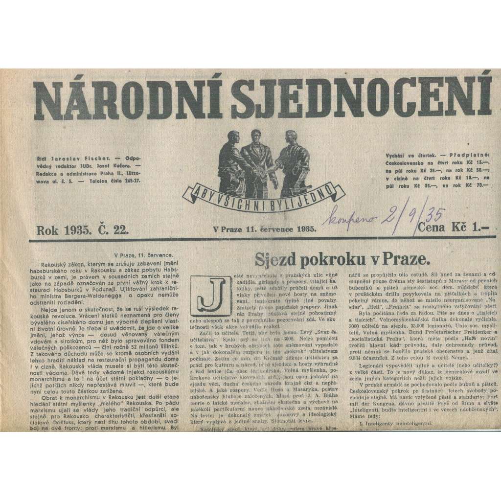 Národní sjednocení, číslo 22/1935 (noviny 1. republika)