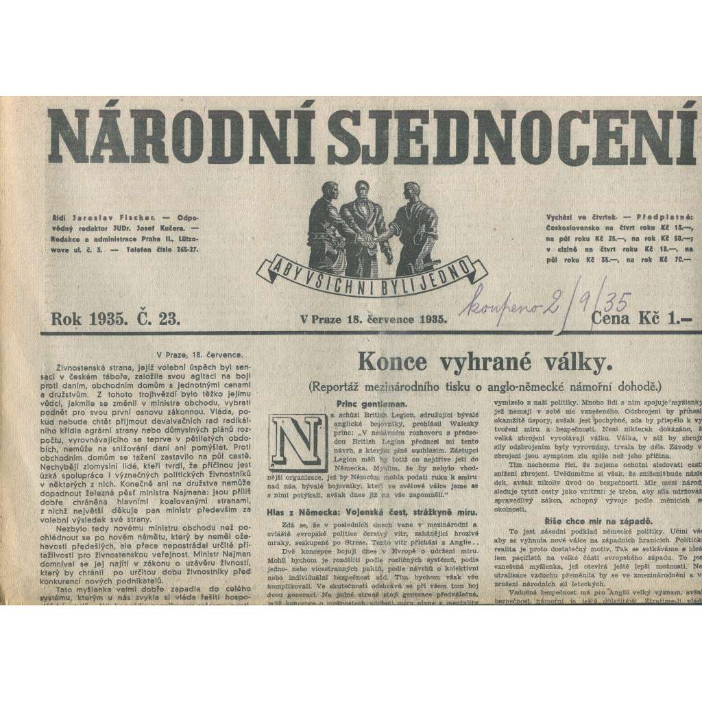 Národní sjednocení, číslo 23/1935 (noviny 1. republika)