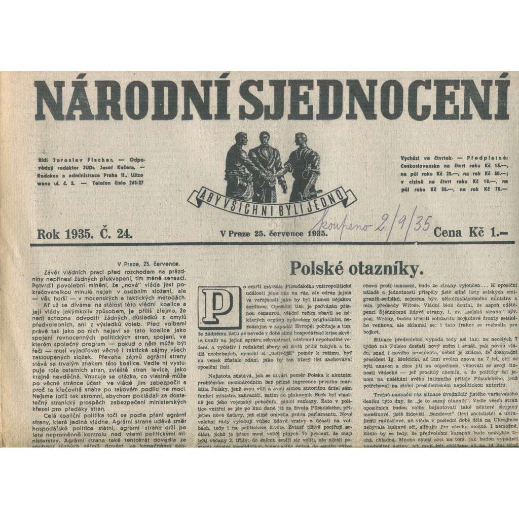 Národní sjednocení, číslo 24/1935 (noviny 1. republika)