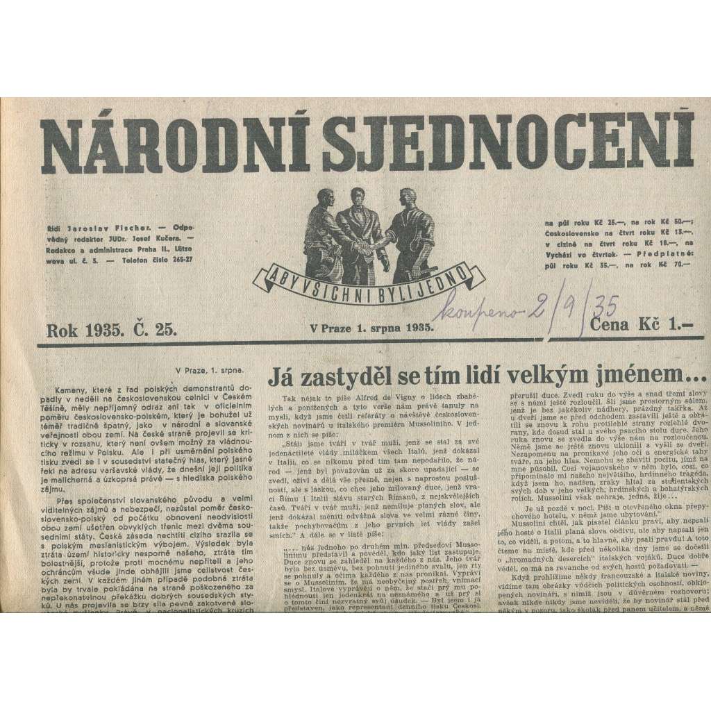 Národní sjednocení, číslo 25/1935 (noviny 1. republika)