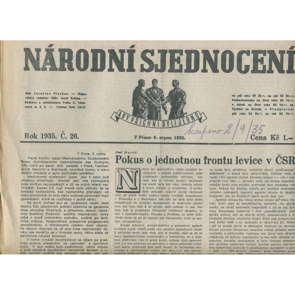 Národní sjednocení, číslo 26/1935 (noviny 1. republika)