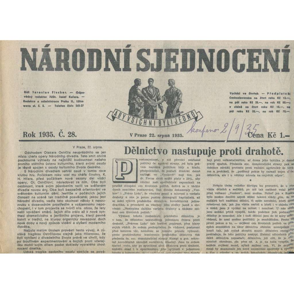 Národní sjednocení, číslo 28/1935 (noviny 1. republika)