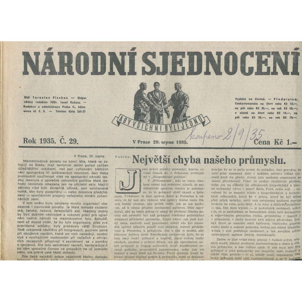 Národní sjednocení, číslo 29/1935 (noviny 1. republika)