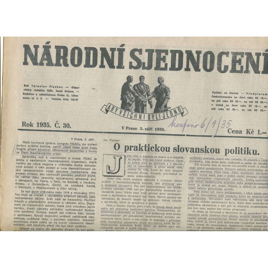 Národní sjednocení, číslo 30/1935 (noviny 1. republika)