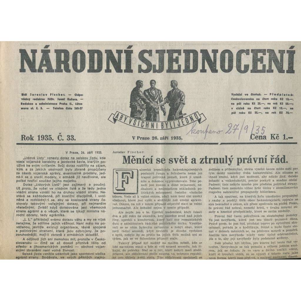 Národní sjednocení, číslo 33/1935 (noviny 1. republika)