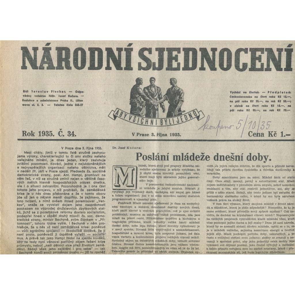 Národní sjednocení, číslo 34/1935 (noviny 1. republika)