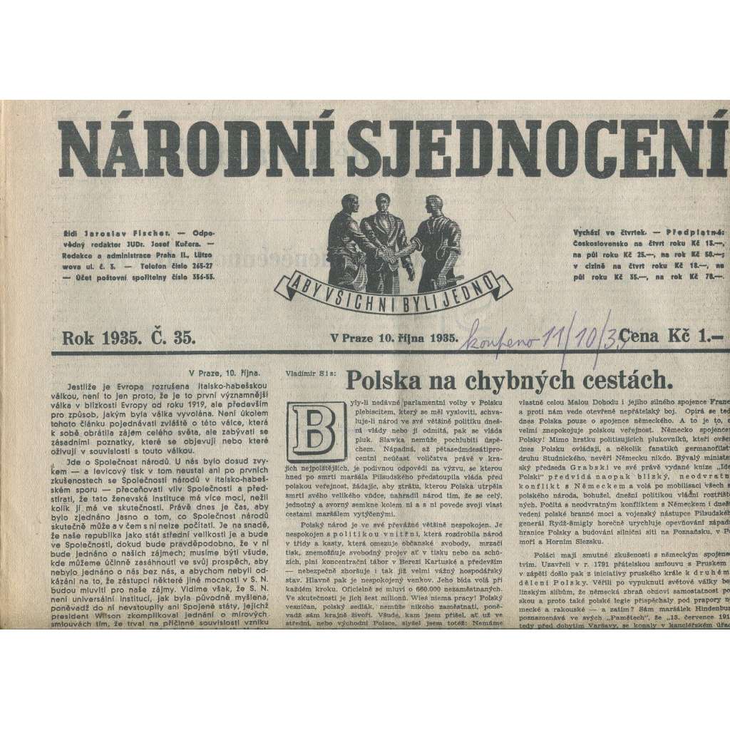Národní sjednocení, číslo 35/1935 (noviny 1. republika)