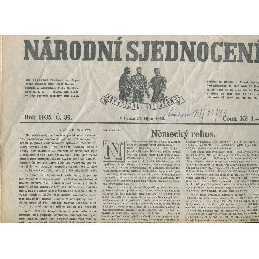 Národní sjednocení, číslo 36/1935 (noviny 1. republika)
