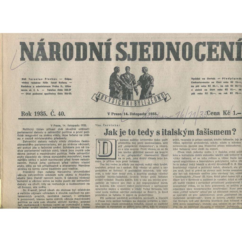 Národní sjednocení, číslo 40/1935 (noviny 1. republika)