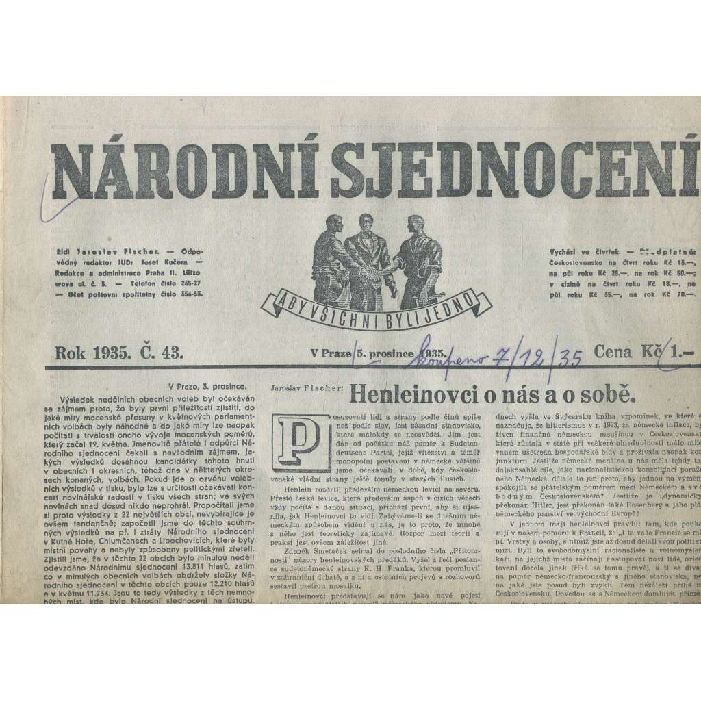 Národní sjednocení, číslo 43/1935 (noviny 1. republika)