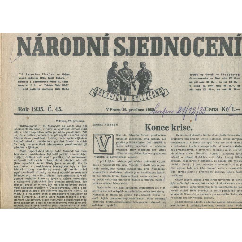 Národní sjednocení, číslo 45/1935 (noviny 1. republika)