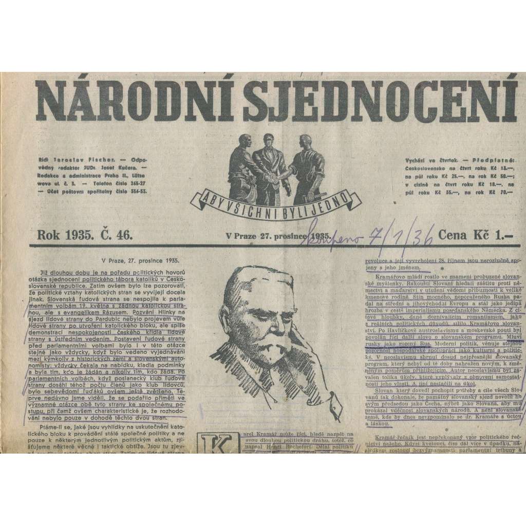 Národní sjednocení, číslo 46/1935 (noviny 1. republika)