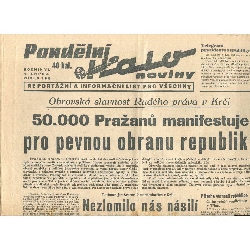Halo noviny, ročník VI., číslo 199/1938